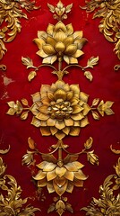 Exquisite Ornate Thai Art Pattern with Intricate Gold Floral Motifs and Traditional Technique