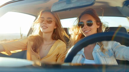 Wall Mural - Two young women are enjoying their time together during a sunny day on a road trip, with one driving