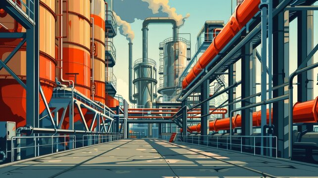 Industrial Complex with Red Pipes and Steel Structures