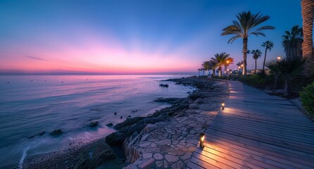Wall Mural - A serene beachfront view at dusk with a walkway and palm trees in the background