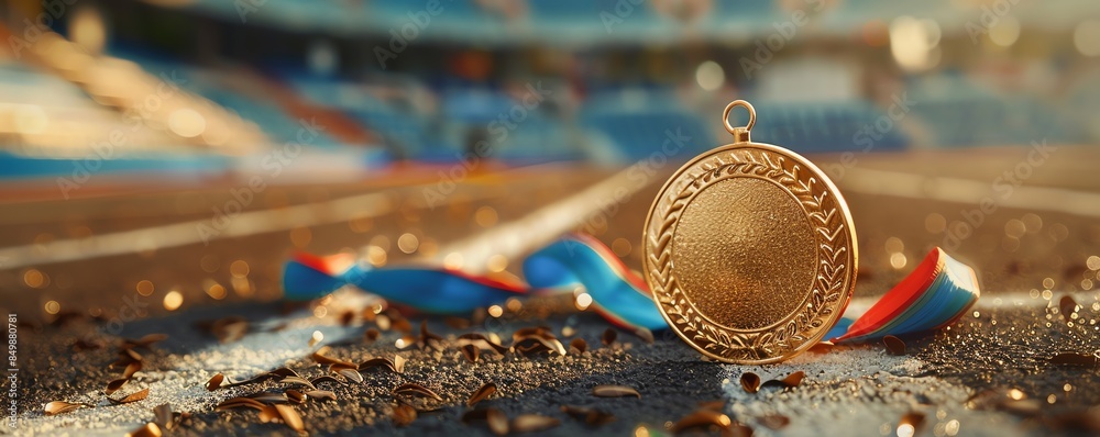 Gold medal lying on a racetrack with ribbons, symbolizing victory ...
