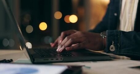 Poster - Black man, laptop and hands at night in office with working for business or website with technology. Digital, planning or accounting with broker for overtime on internet or searching app with trader.