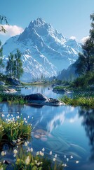 Wall Mural - Serene mountain lake at sunrise with clear blue sky - natural landscape beauty