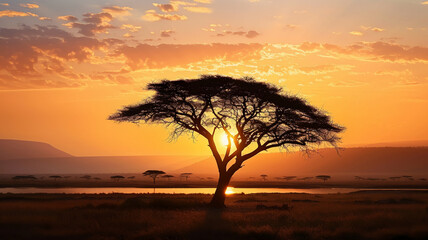 Wall Mural - Silhouette of acacia tree in African sunset, AI Generative.