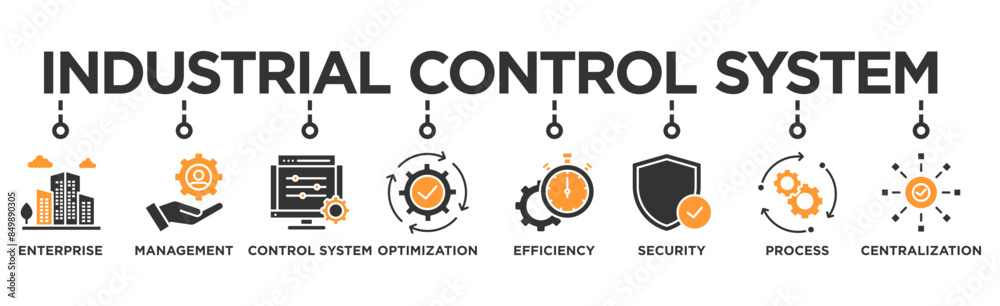 Industrial control system banner web icon illustration concept with icon of enterprise, management, control system, optimization, efficiency, security, process, centralization