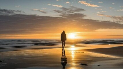 Wall Mural - A solitary figure walking on an empty beach at sunset, their posture slumped and head down, reflecting deep contemplation and a sense of isolation.