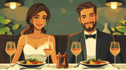 Wall Mural - Cartoon vector couple enjoying a gourmet meal at a high end restaurant Generative AI