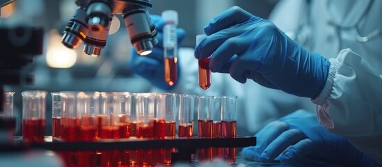 Wall Mural - Scientist Conducting Laboratory Research with Test Tubes and Microscope, Close-Up of Hands in Protective Gloves Handling Samples, Advanced Medical Research, Biotechnology, and Scientific