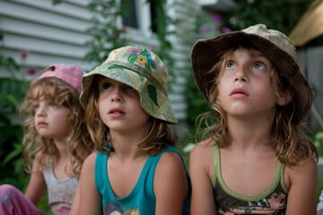 Wall Mural - Portrait of three little girls in hats. Selective focus.