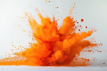 Wall Mural - Orange paint explosion abstract background. Coloured cloud on white. Colorful splash dust explode