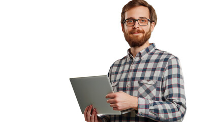 Wall Mural - portrait of a man holding a laptop isolated on transparent background, software engine cut out