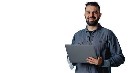 portrait of a man holding a laptop isolated on transparent background, software engine cut out