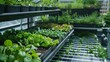 © Justlight - Beautifully arranged rows of vegetables and herbs thriving in a rooftop garden thanks to the sustainable energy source of solar panels.