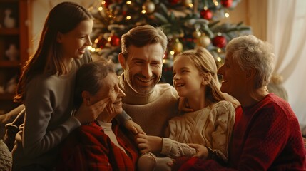 Young man with little daughter and other family members standing by xmas tree. 