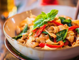 Wall Mural - Delicious Thai Drunken Noodles with Chicken and Basil in Modern Kitchen Setting