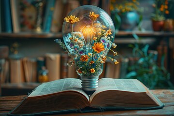 Wall Mural - Lightbulb with Flowers on Open Book Getting Smart and Intelligent from Reading Book