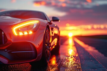 Wall Mural - A car is parked on a wet road with a sunset in the background