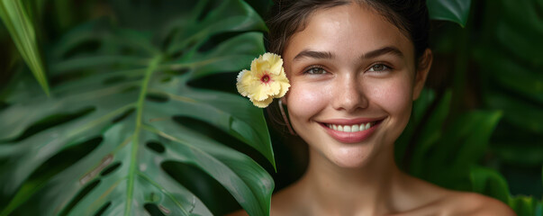 Radiant Woman Smiling with Tropical Flower in Hair Surrounded by Lush Green Foliage and Natural Beauty in Tropical Paradise