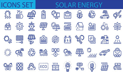 Solar Energy Line Editable Icons set. Vector illustration in modern thin outline style of sun power photovoltaic  home system and renewable electric energy technology signs: house, cell, battery.