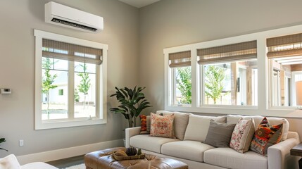 Wall Mural - A solarpowered ductless air conditioning unit mounted on the wall of a living room.