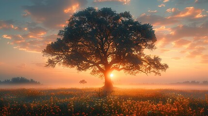 Wall Mural - tree nature sunrise sun landscape morning sunset sunlight sky summer light field dawn grass meadow background