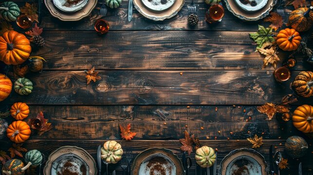 Top down view of a weathered wooden table set for Halloween, banner texture with empty space for advertising, surrounded by themed items