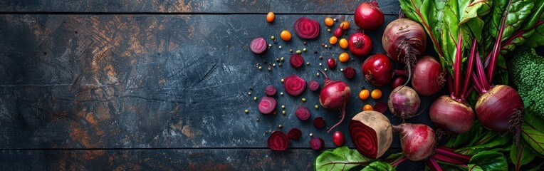 Harvest Bounty: Square Food Photography Background with Beetroot Vegetables on Dark Wooden Table