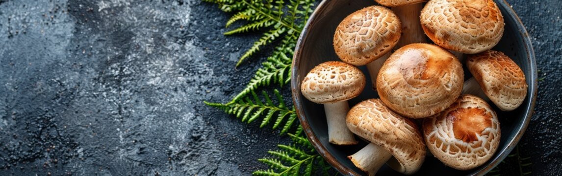 Forest Mushroom Delight: Boletus Edulis, King Bolete, and Fern on Metal Bowl as Dark Food Photography Background - Top View