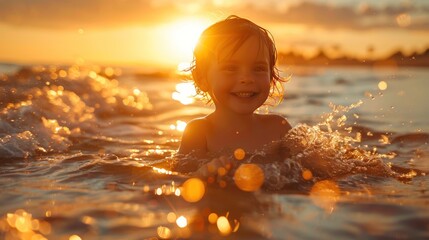 A happy boy playing in the water on the seaside beach in summer, with the waters of the sea full of laughter and holiday enjoyment, and a vibrant orange sunset.