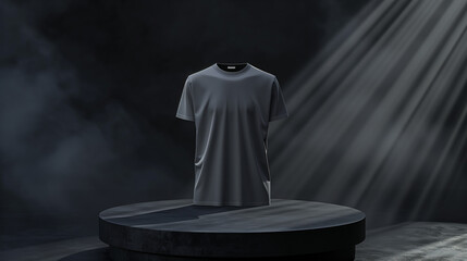 Wall Mural - mock up 3D gray t-shirt on podium, black background with light smoke, Ai generated Images
