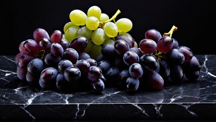 Wall Mural - Side-by-Side Contrast, Green and Yellow Grape Bundles in Minimalist Arrangement on Black Background