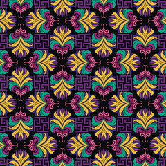 Wall Mural - Floral ornamental bright greek style vector seamless pattern. Tribal ethnic greece traditional background. Fabric pattern. Abstract modern colorful ornaments. Endless repeat patterned ornate texture