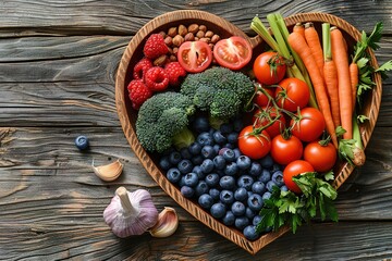 Heart shaped bowl with food fresh organic tomato vegetables healthy diet broccoli vegetarian carrot cabbage nutrition raw natural harvest background