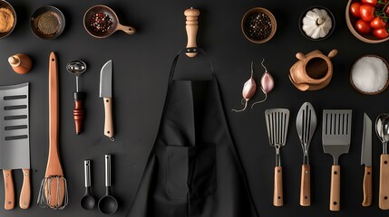 Wall Mural - High-definition flat lay of various kitchen utensils and a chefa??s apron on a black chalkboard background, captured from above