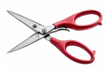 Stainless steel scissors with red handle on white background, providing a sharp and precise cut, perfect for everyday use and crafting, white background