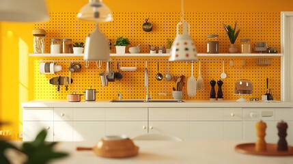Wall Mural - High-definition image of a stylish kitchen featuring clean white counters, versatile peg boards, and a vibrant yellow wall, embodying modern