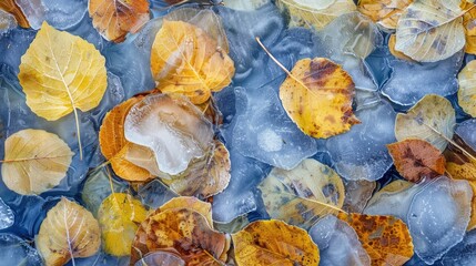 Wall Mural - Frozen Water Winter Ice Scheme and Autumn Aspen Leaves