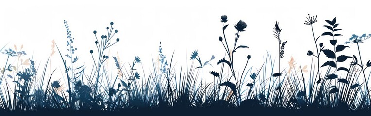 Wall Mural - Wildflower Meadow Silhouettes on White - Vector Illustration Template