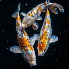 Wall Mural - White and orange koi fish in the water with a black background. 