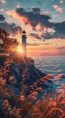 Poster - Scenic coastal landscape with historic lighthouse and beautiful clear sky views