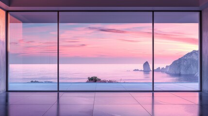 Serene Ocean View Through Large Glass Window with Soft Pink Sky and Mountain