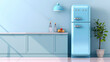 © khonkangrua - Stylish blue retro refrigerator in a modern minimalist kitchen setting with matching blue cabinets and decor elements.