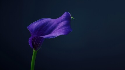 Wall Mural - A close-up of a single purple calla lily, against a dark background, capturing dramatic and striking beauty. --ar 16:9 --style raw Job ID: c29ff13a-5a16-4159-9f87-9425e395c583