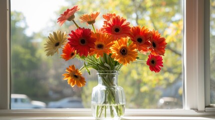 Wall Mural - A bouquet of bright gerbera daisies in a clear glass vase, on a sunny windowsill, capturing cheerful and vibrant atmosphere. --ar 16:9 --style raw Job ID: bd8aa3df-762f-422d-a2e2-aba3f9eef764