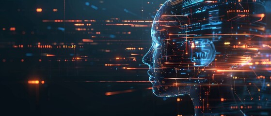 Poster - Side profile of a futuristic artificial intelligence computer head with glowing lines and data. Digital background
