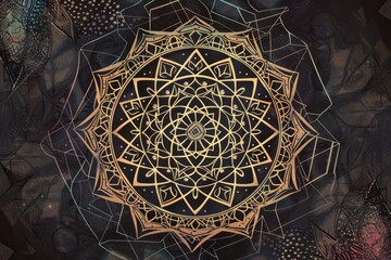 Canvas Print - Cartoon cute doodles of a mandala with sacred geometry patterns like hexagons and triangles, Generative AI