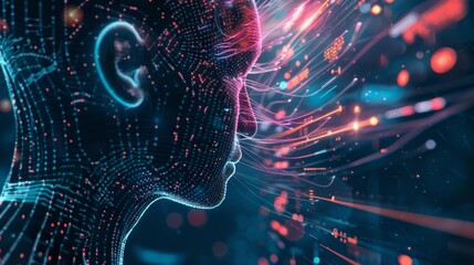 Wall Mural - Side profile of a futuristic artificial intelligence computer head with glowing lines and data. Digital background