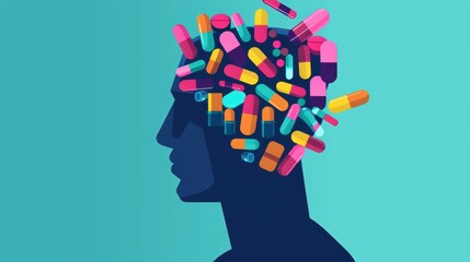 Silhouette of a human head filled with colorful pills, symbolizing mental health, medication, and treatment concepts on a turquoise backdrop.