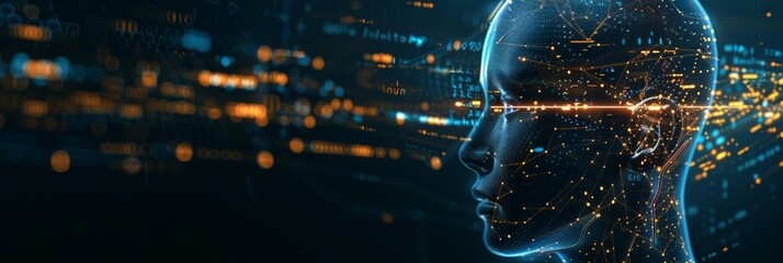 Side profile of a futuristic artificial intelligence computer head with glowing lines and data. Digital background