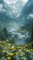 Wall Mural - Misty mountain valley landscape with flowing river in the fog